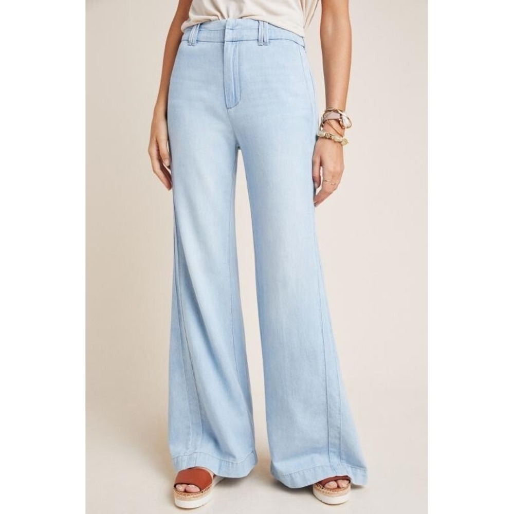 Pilcro and Letterpress Anthropologie Wide Leg Light Wash Denim Linen Pants sz 29